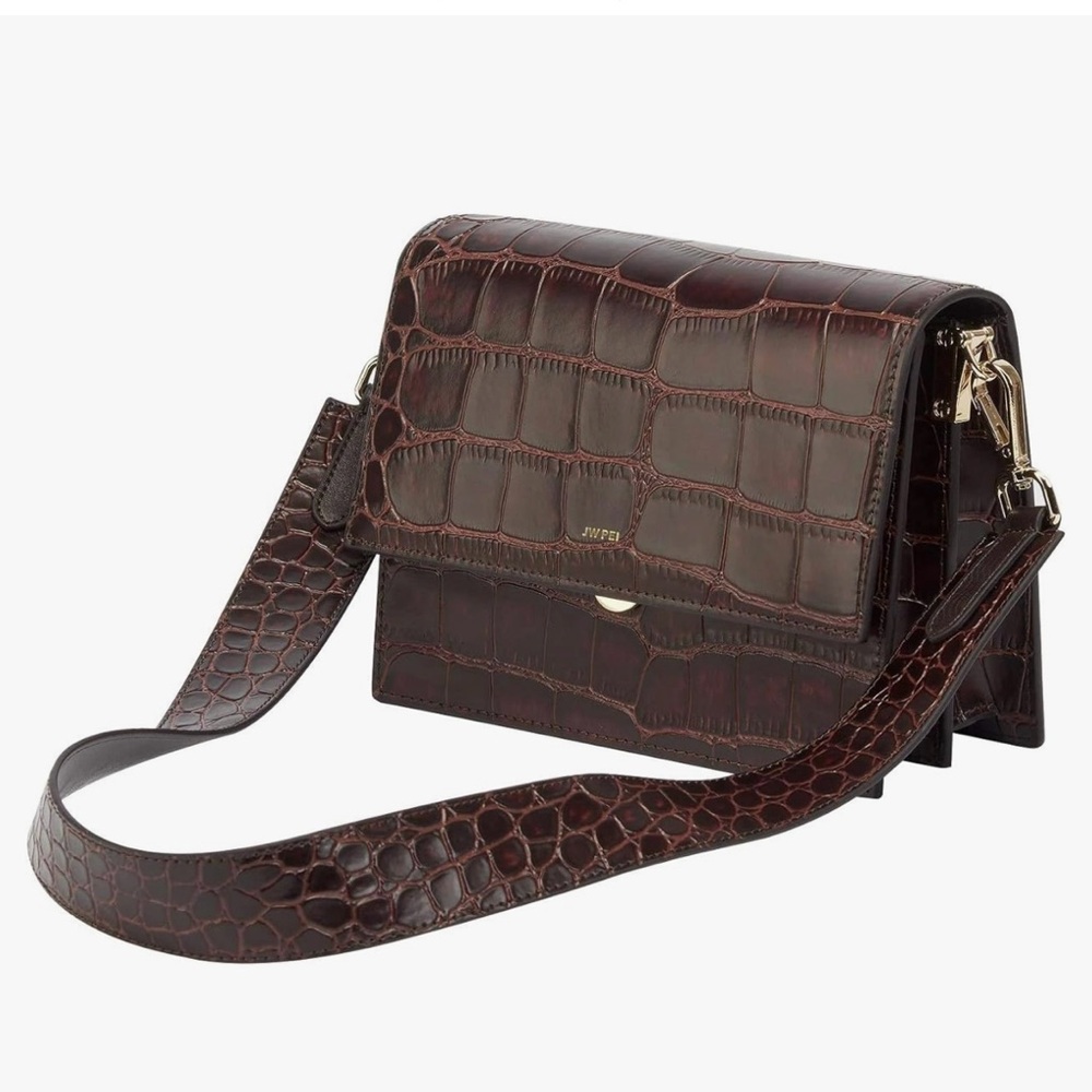 JW Pei Brown Crocodile-Embossed Crossbody Bag